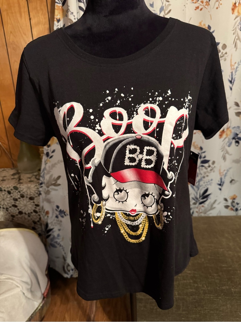 Betty Boop Black Graphic Tee for Ladies Red & Gold Detail